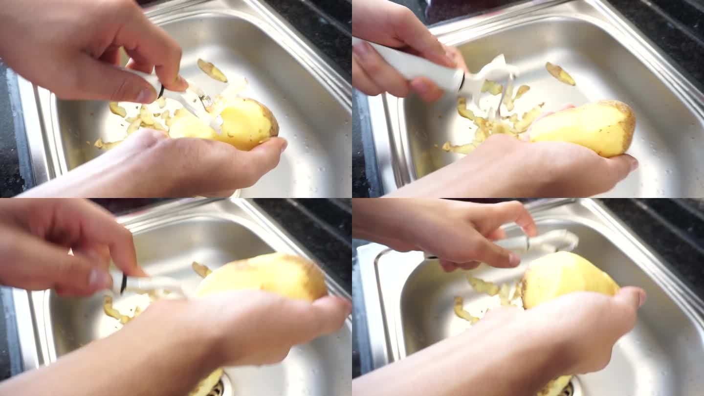 用土豆削皮器削土豆皮。