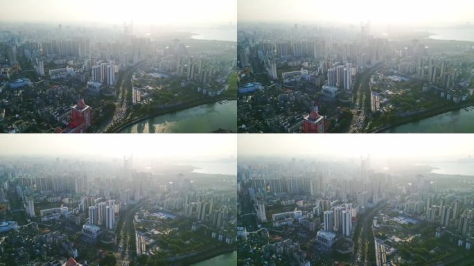 海南海口俯瞰早晨阳光下城市交通建筑风景