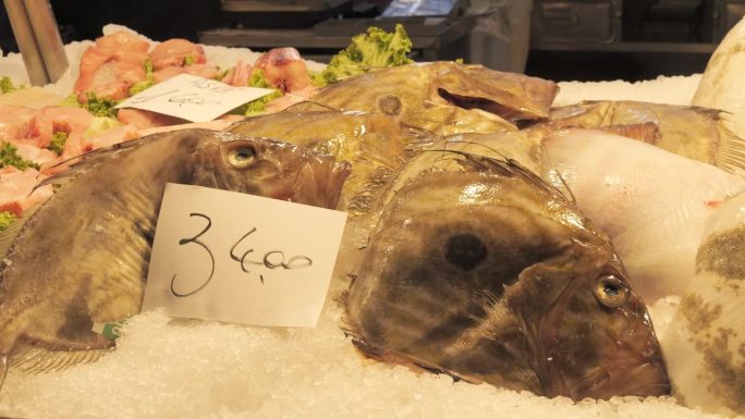 海鲜市场的柜台上摆放着大量不同的新鲜鱿鱼。海鲜市场