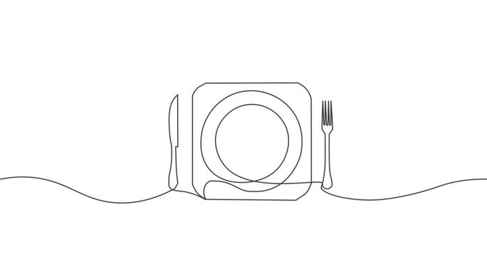 连续线条绘制盘子与餐具(叉和刀动画在白色背景。创意简单的想法