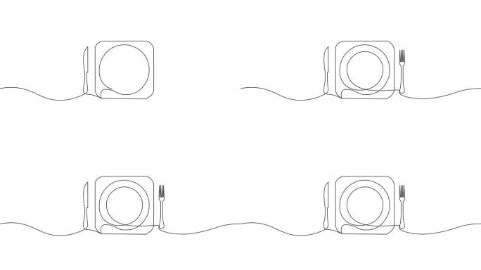 连续线条绘制盘子与餐具(叉和刀动画在白色背景。创意简单的想法