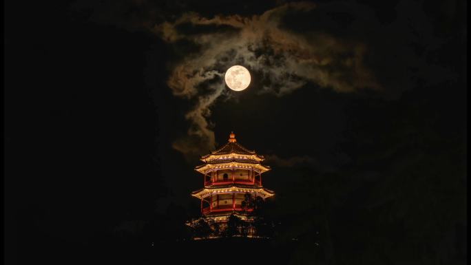 月亮从塔后方升起唯美延时