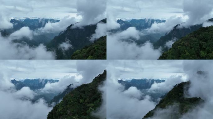 航拍山景云海后退拉镜头山间云雾缭绕圣堂山