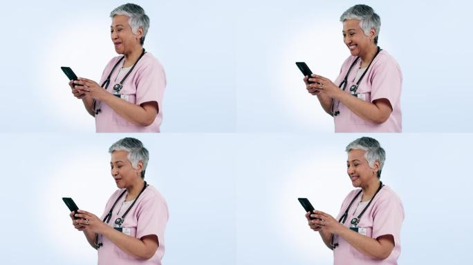 护士、女性和视频通话或电话通信，用于医疗保健、社交媒体或远程医疗服务。快乐和成熟的医生在蓝色背景的移
