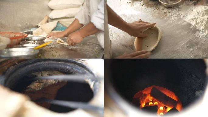 高清特写打烧饼-街头小吃制作