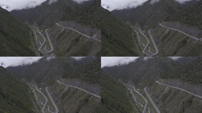 航拍盘山公路山脉云层森林车流