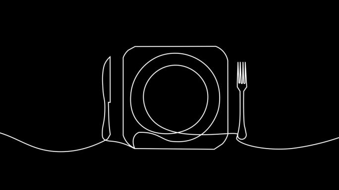 创意餐厅符号动画与连续线条绘制盘子与刀叉。关于晚餐和饮食的简单想法