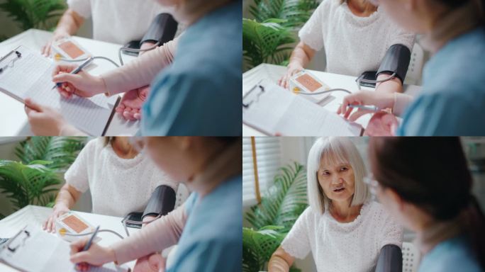 女医生为老年病人检查血压