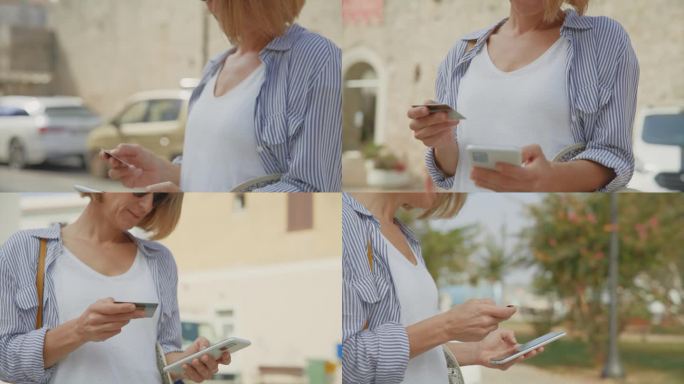在克罗地亚城市，一名女游客正在网上付款，背景是汽车