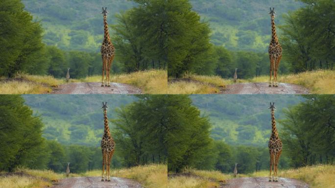 在塞伦盖蒂国家公园广阔的萨凡纳中心，一只长颈鹿在一条土路上泰然自若，像雕像一样美丽