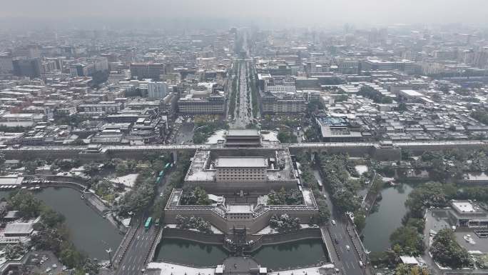 陕西西安城墙雪景航拍