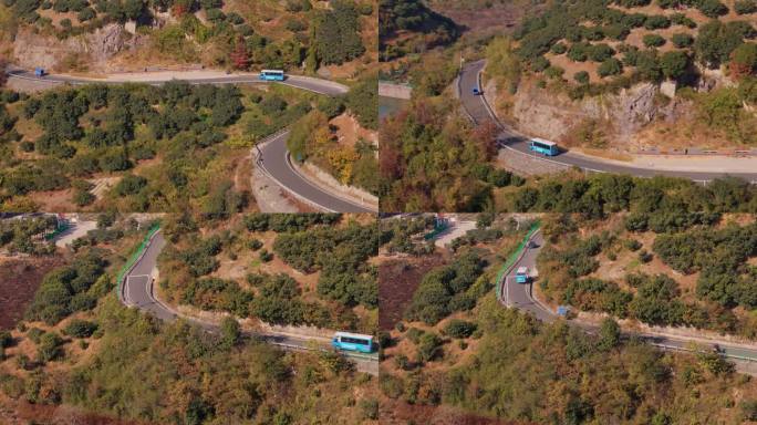 航拍公交车农村山路行驶