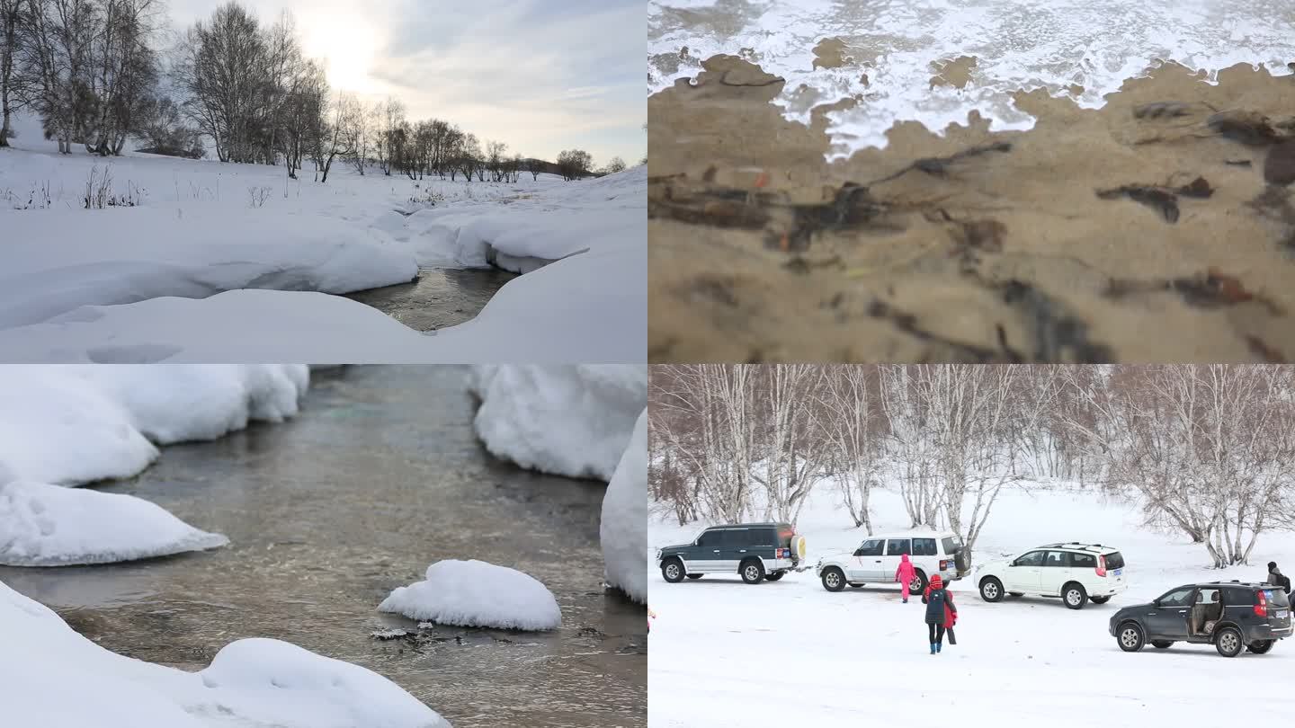 冬天小河头、水溪、小雪、河流、游客玩耍