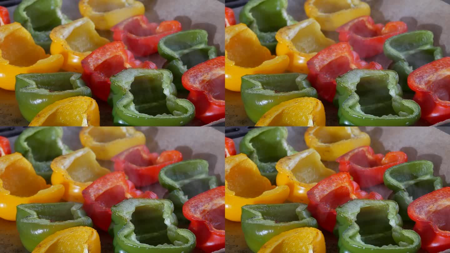 红辣椒半黄，半红，半绿的颜色配上香料