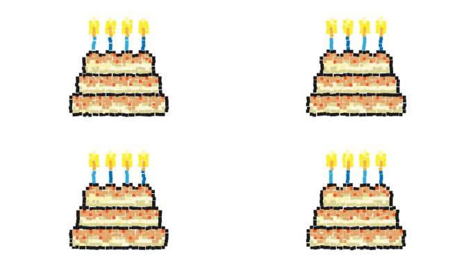 动画像素图标。燃烧着蜡烛的分层蛋糕。生日庆祝的甜点。简单的复古游戏循环视频孤立在白色上