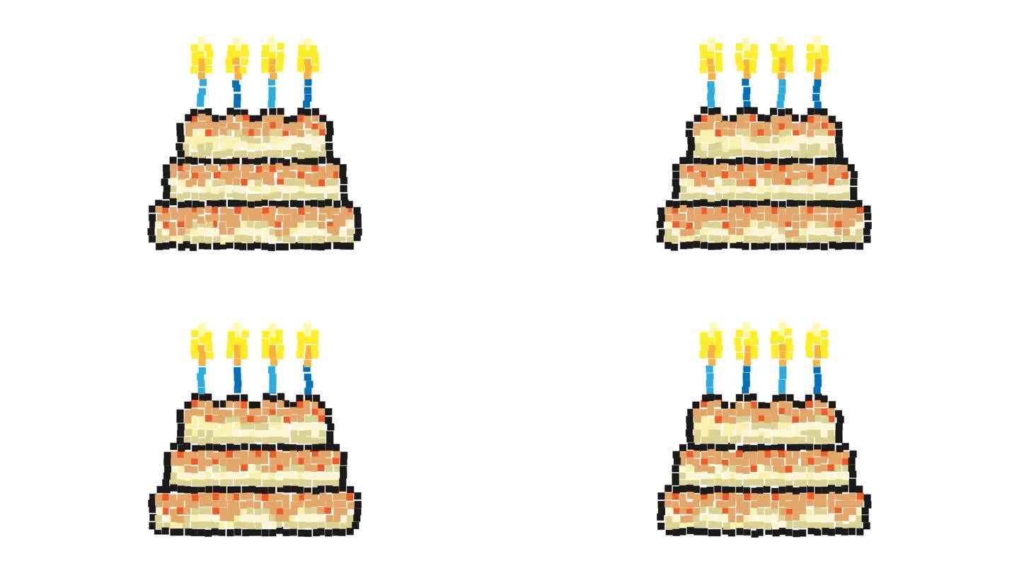 动画像素图标。燃烧着蜡烛的分层蛋糕。生日庆祝的甜点。简单的复古游戏循环视频孤立在白色上