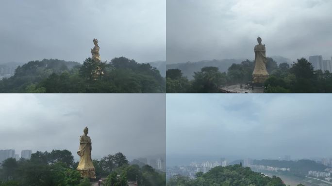 航拍广西梧州龙母太庙山顶龙母像阴雨天