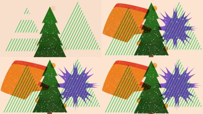 Risograph松树与语音气泡和几何形状的动画。