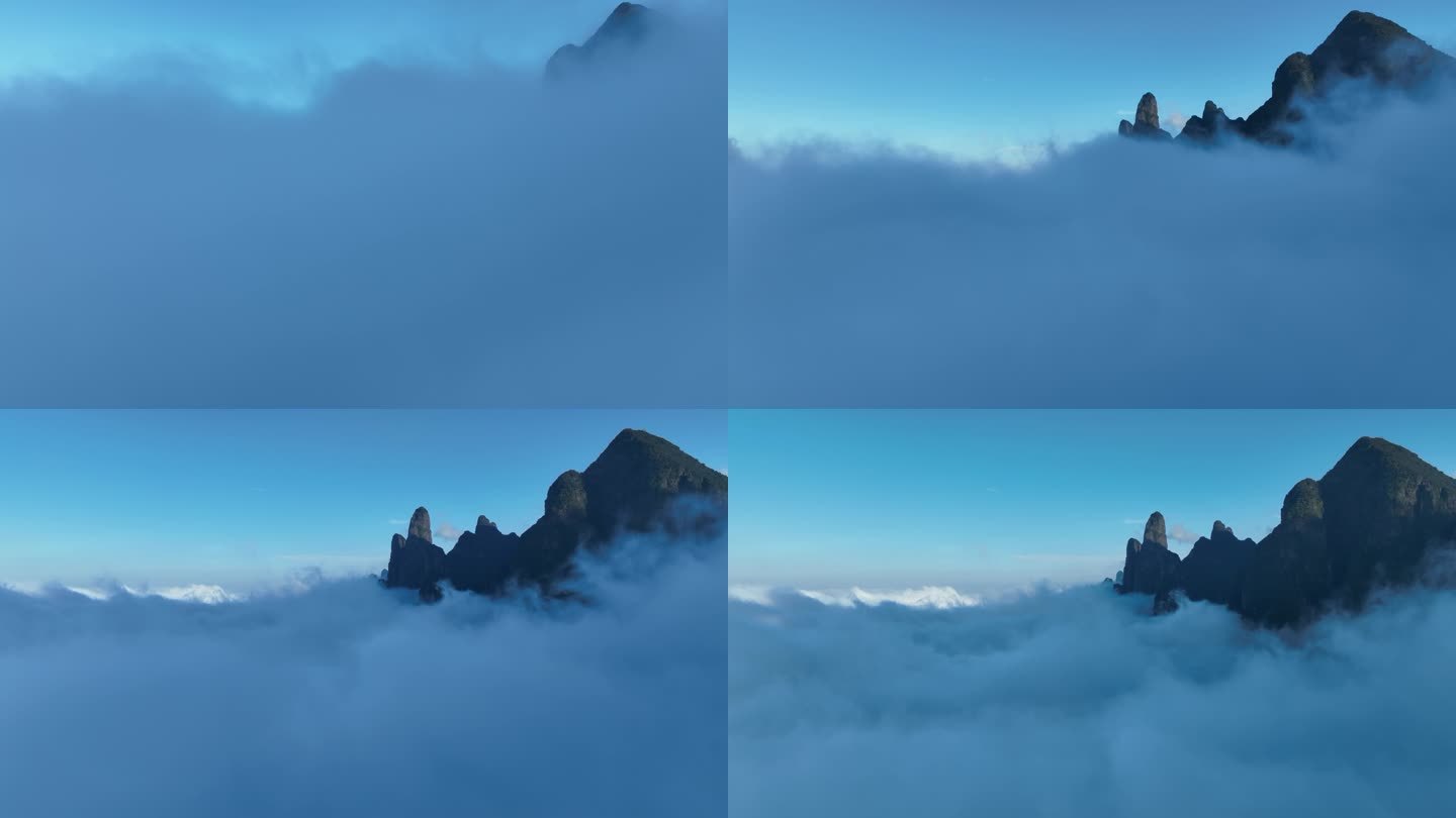 无人机航拍穿越云雾升看到上顶仙境圣堂山
