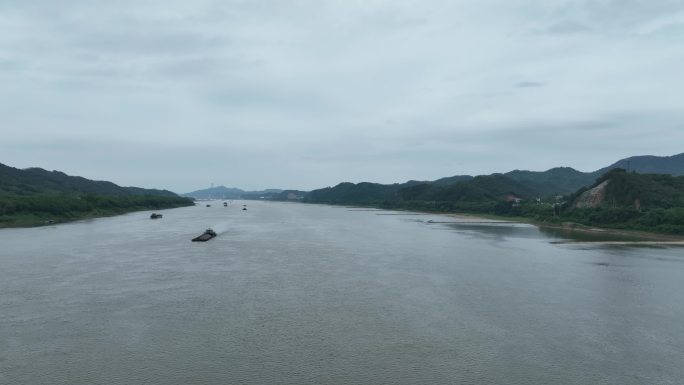 航拍西江梧州段阴天江面货运船内河航运港口