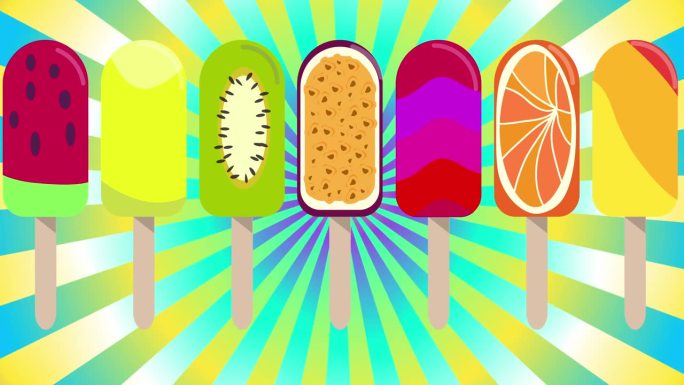 移动的冰淇淋或冰棍背景。水果，冰，果汁或冰淇淋冰棒的渐变背景。4K分辨率的夏季甜点循环动画