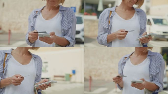 女游客站在克罗地亚城市网上付款