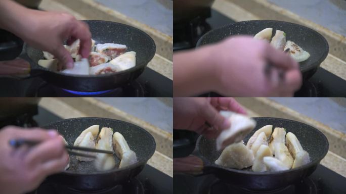 一位厨师正在煎酿猪肉西柚皮