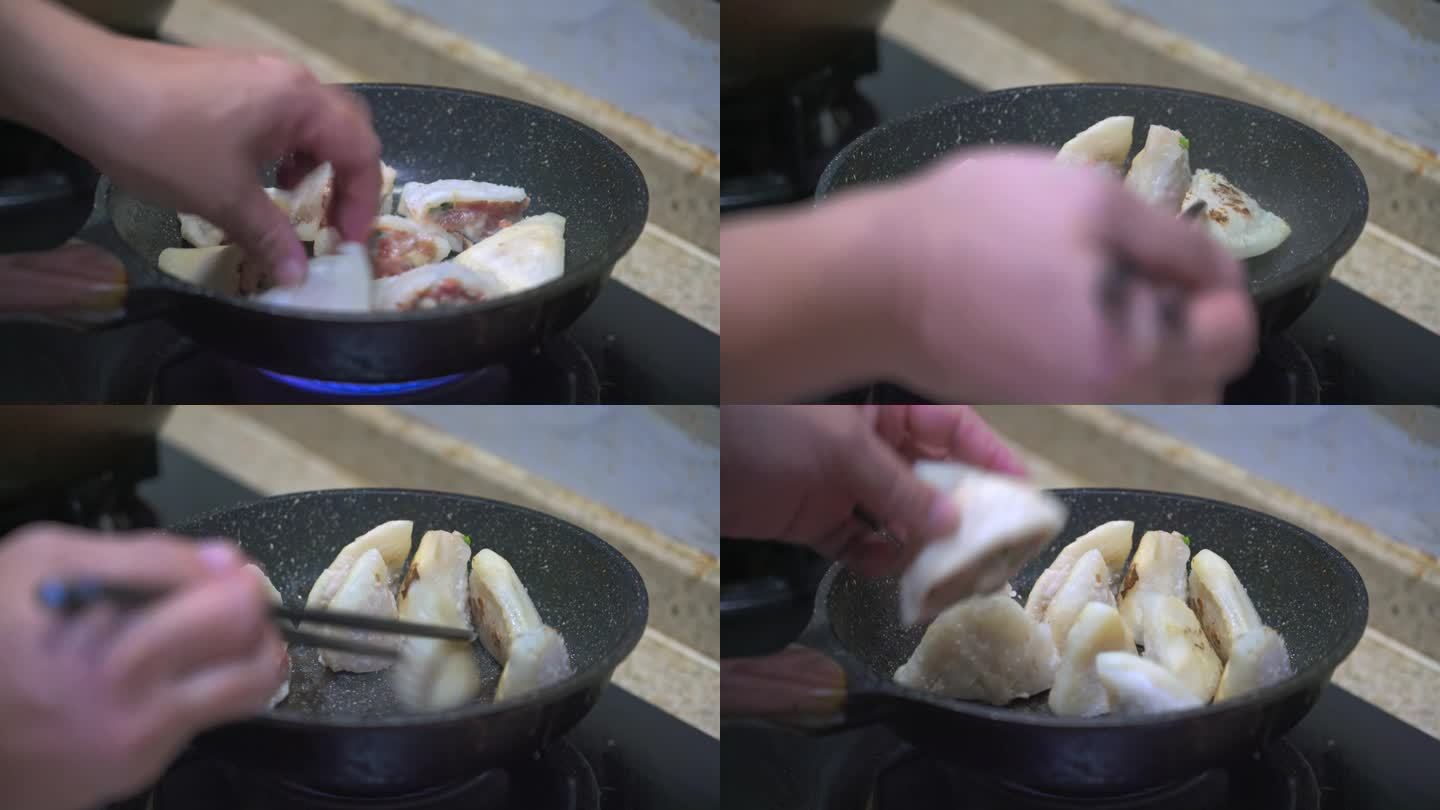 一位厨师正在煎酿猪肉西柚皮