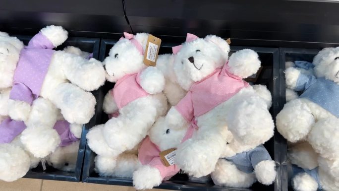 玩具店货架上的泰迪熊，特写