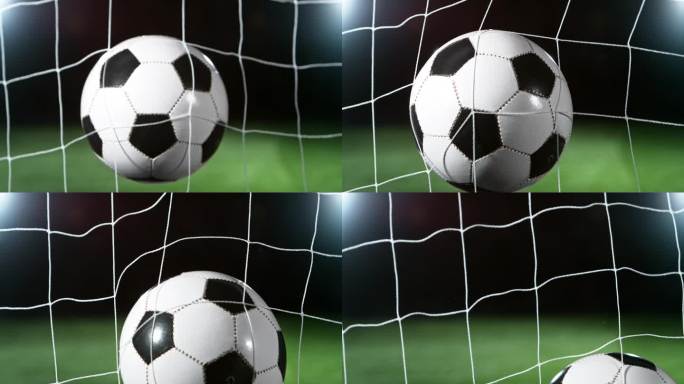 足球飞入球门的超级慢动作。