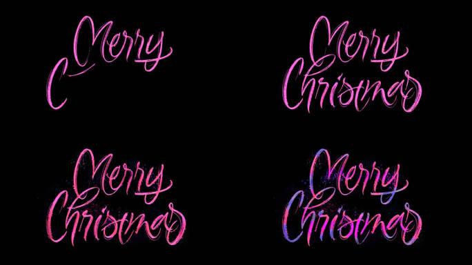 圣诞快乐，明亮和丰富多彩的停止运动刷字母在黑色背景上的水彩渲染。肮脏的纹理，墨水流，Splats为节