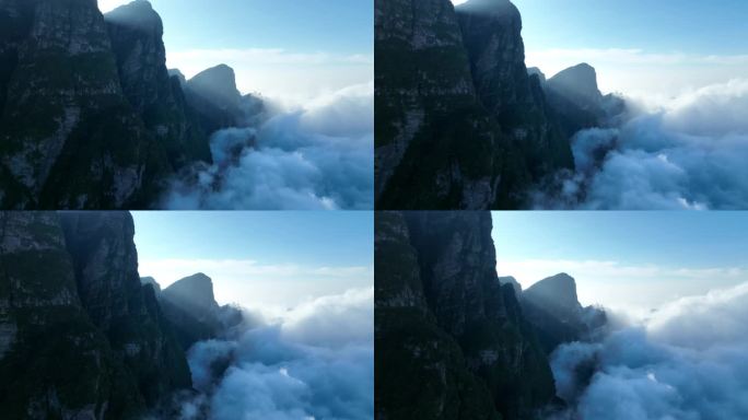 航拍云层之上大山山顶阳光丁达尔来宾圣堂山
