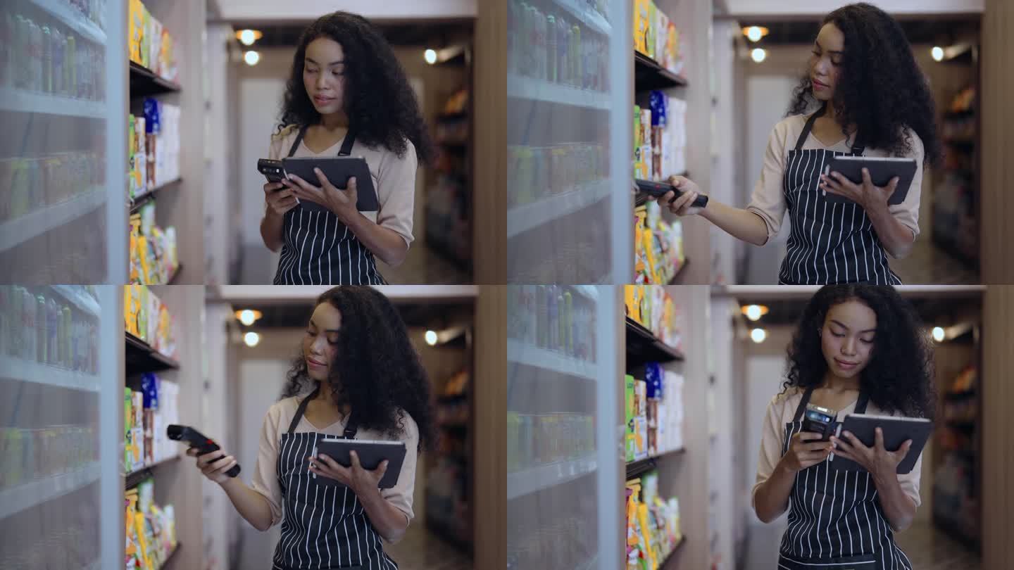 年轻女子在超市用条码扫描器检查大货架上的商品。