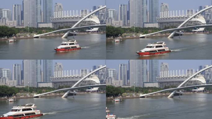 广州珠江新城的天际线和珠江上的观光船
