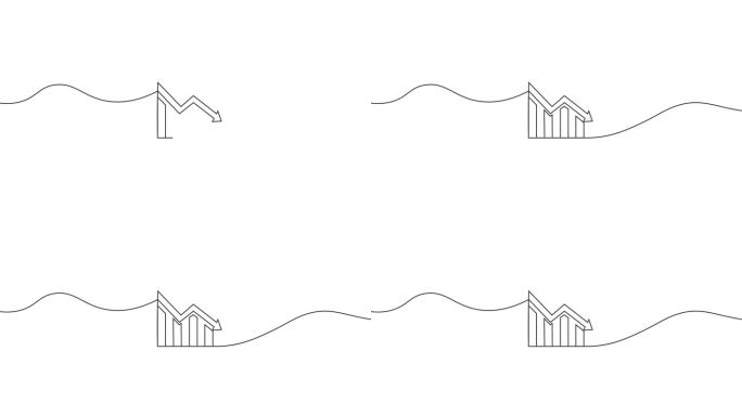 图形下降与箭头单线绘制动画。商业和市场低迷。存货损失与减少