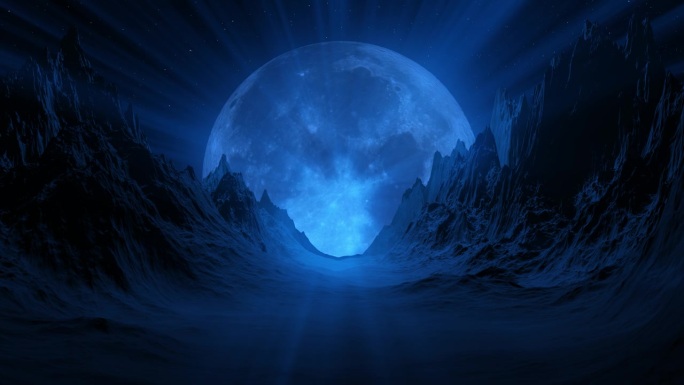 令人惊叹的风景蓝色发光的月亮和陨石坑在黑色的天空和山在晚上。外星球上有趣的满月。大满月。山景与大满月