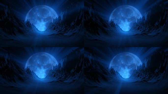 令人惊叹的风景蓝色发光的月亮和陨石坑在黑色的天空和山在晚上。外星球上有趣的满月。大满月。山景与大满月