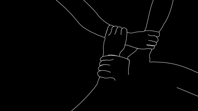 4双手结合连续线条绘制动画在黑色背景。团队合作，团结和人际关系的创新理念