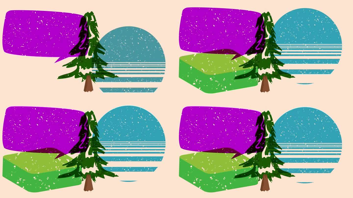 Risograph松树与语音气泡和几何形状的动画。
