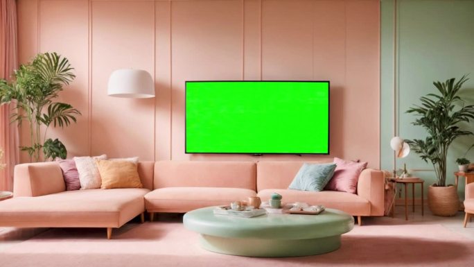 动画插图故障/错误的电视屏幕或显示器与绿色背景/色度键背景放置在一个柔和的彩色客厅。