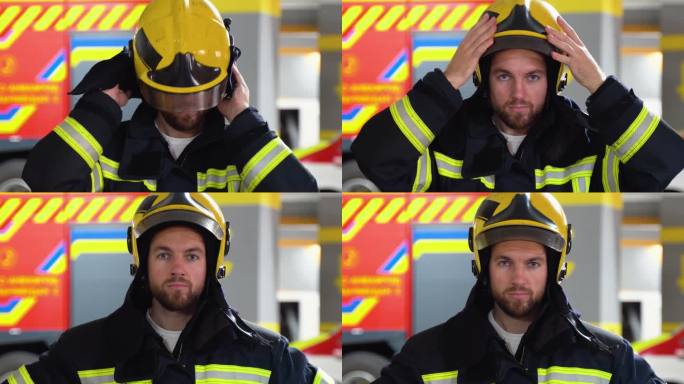 消防队员在消防站戴上防护头盔
