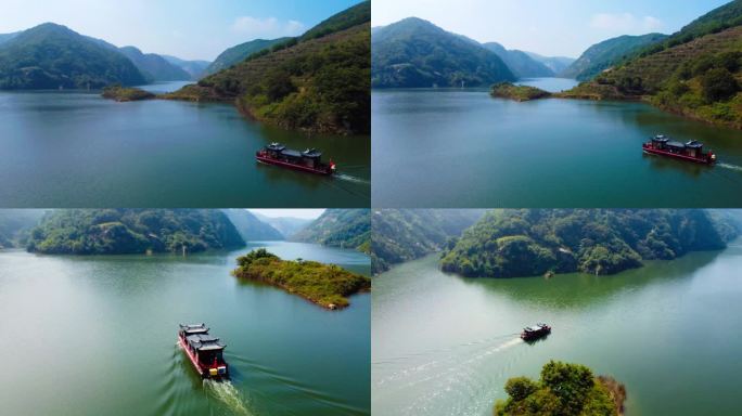 湖上游船 青山绿水 自然生态