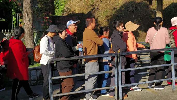 旅游团集体进入景点老人旅行团游客排队购票
