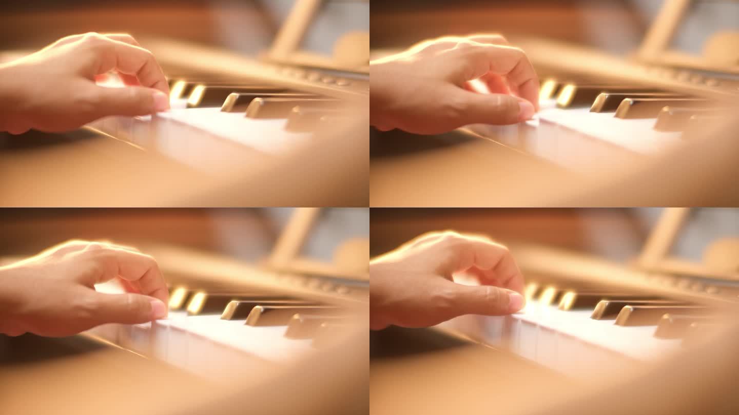 年轻女子弹钢琴的特写镜头。快乐的亚洲女性学习和练习钢琴。有选择性的重点。