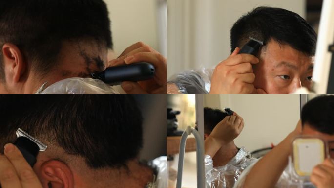 亚洲男人在家自己剪头发。
