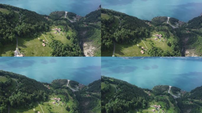 图恩湖的宁静水域:令人惊叹的4K鸟瞰图，瑞士阿尔卑斯山和高山植物群在大自然的心脏