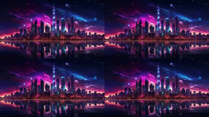 赛博朋克未来都市夜景天际线舞台背景