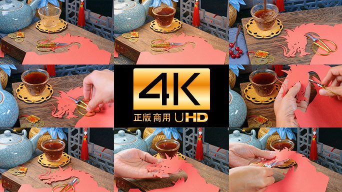 中国龙年剪纸片头新年春节民俗风情4K