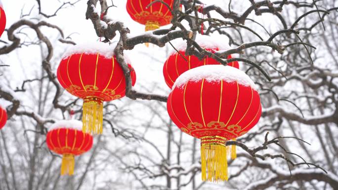 【4K】雪中红灯笼新年雪景灯笼