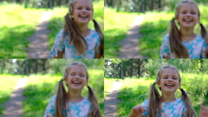 美丽的微笑的女孩走在森林里，享受大自然。选择和改变焦点技术，电影风格。大气的心情，夏日的气息。柔和光